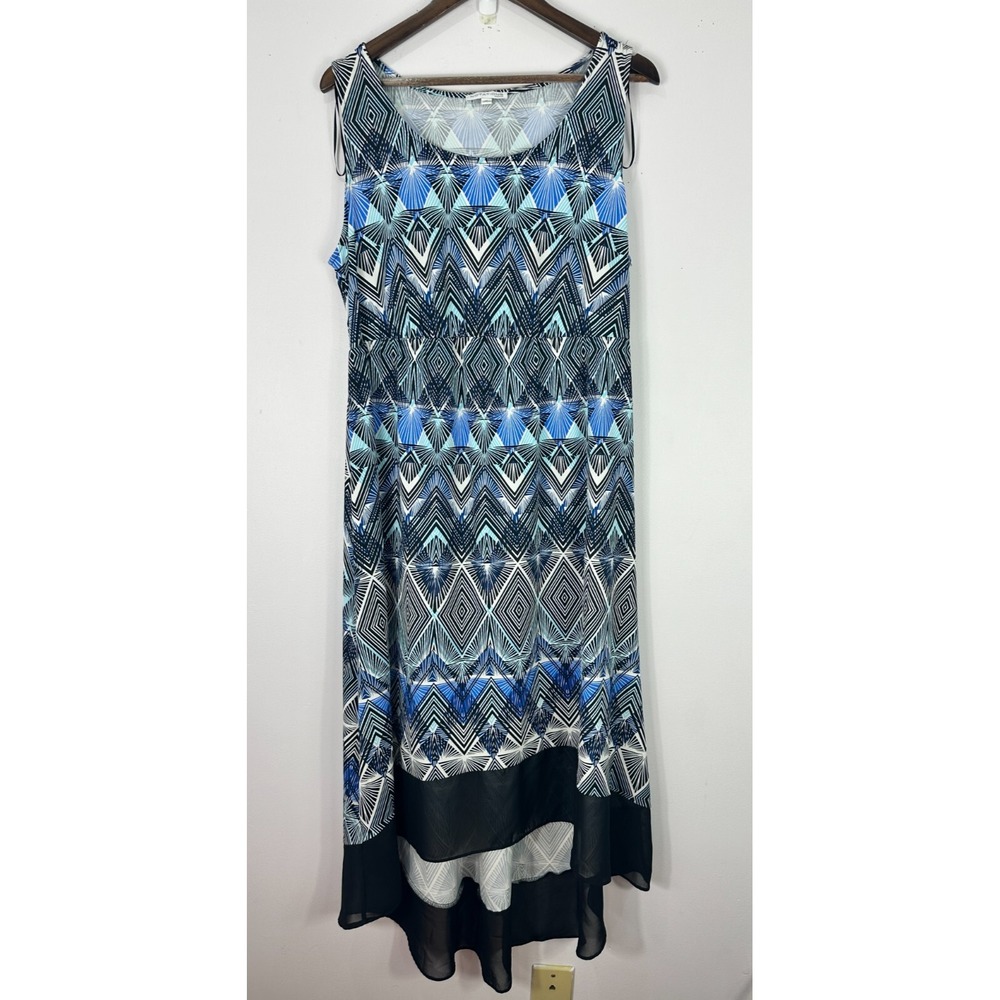 Notations Sleeveless Maxi Dress Womens Plus 1X Blue Geometric Hi Low Boho Resort